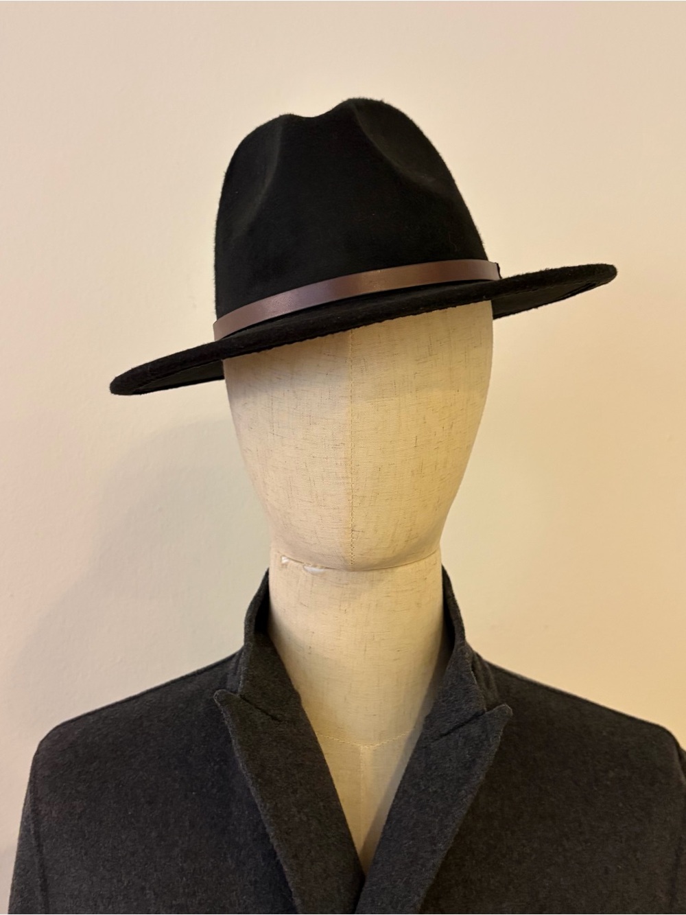 Black Wide Brim Fedora Hat Brown Leather Band Belt Accent Unisex 22"